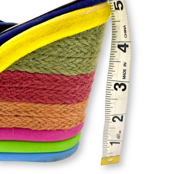 00s MDH Vintage Blue Yellow Platform Espadrille Wedge Heels - Picture 7 of 11